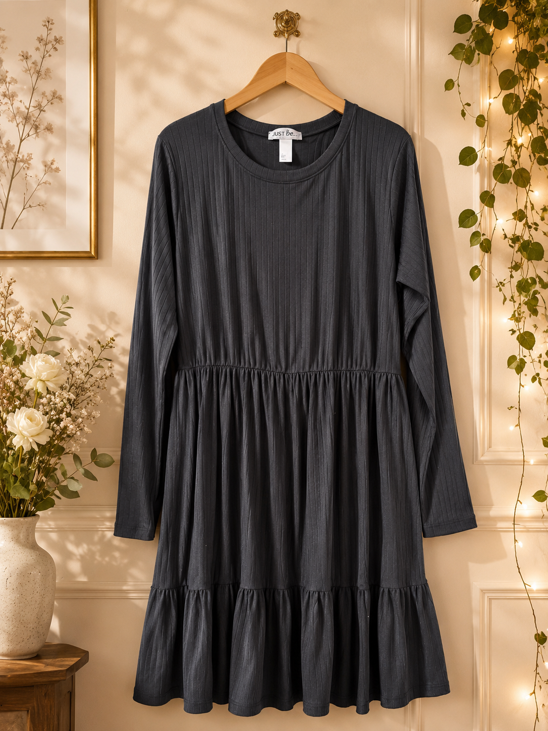 Classic Charcoal Ribbed Tiered Dress