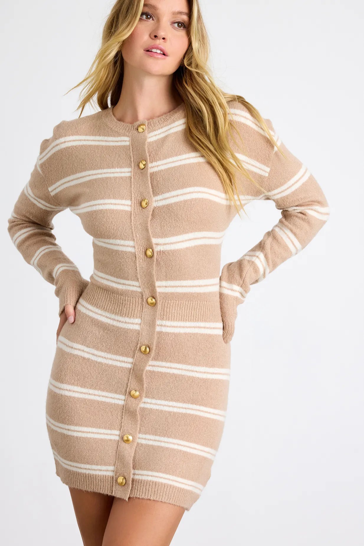 Beige & White Sweater Dress - Large