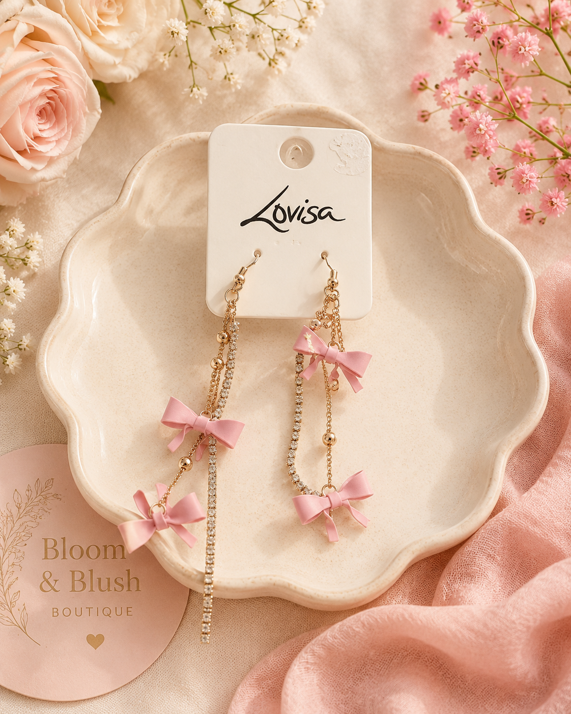 Pink Rhinestone and Bows Earrings