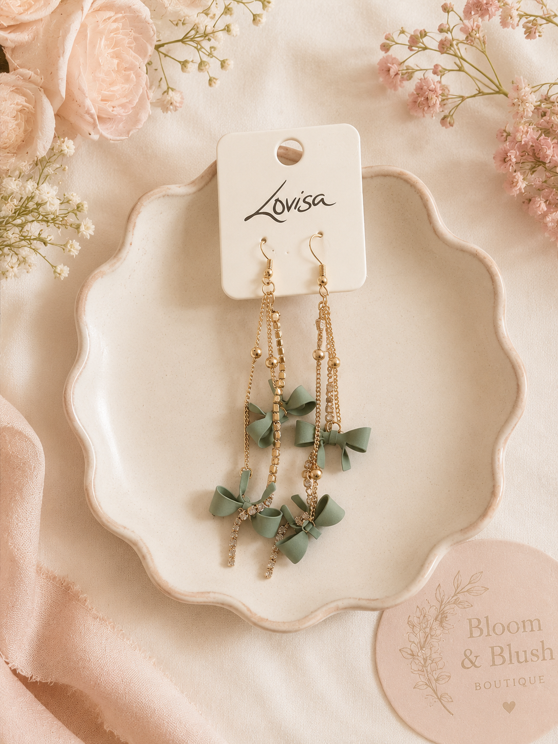 Olive Rhinestone and Bows Earrings