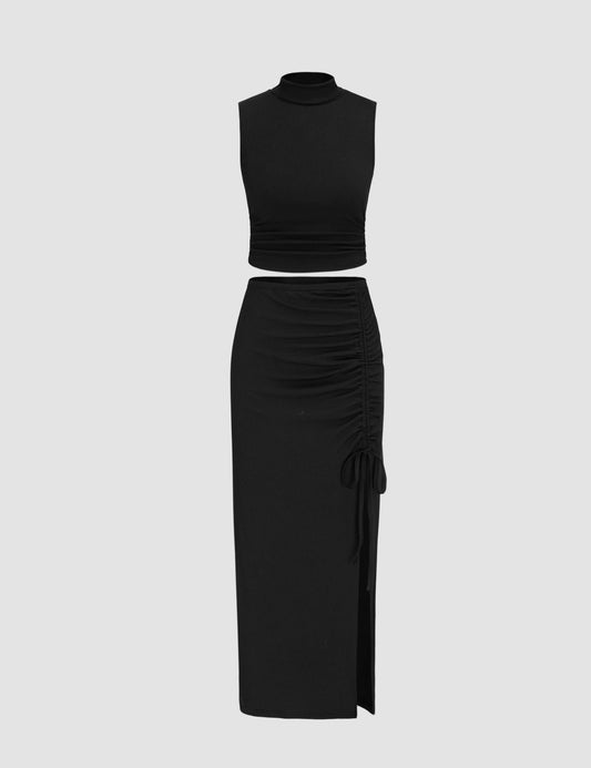 RUCHED TANK TOP & KNOTTED RUCHED SPLIT MAXI SKIRT