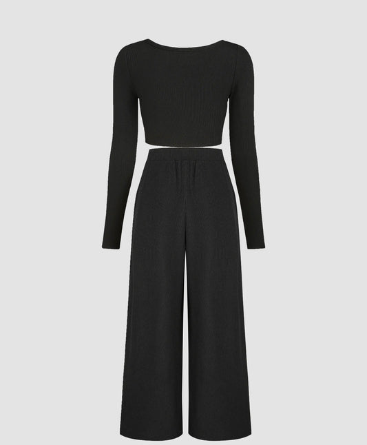 SOLID KNITTED CROP TOP &  WIDE LEG TROUSERS SET