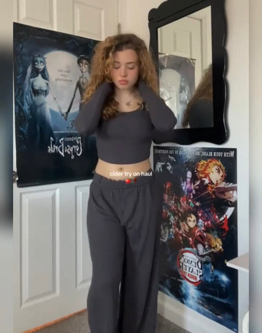 SOLID KNITTED CROP TOP &  WIDE LEG TROUSERS SET