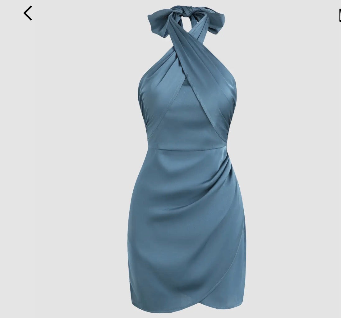 SOLID CROSS HALTER SATIN DRESS - SMALL
