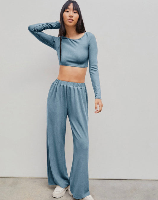 SOLID KNITTED CROP TOP &  WIDE LEG TROUSERS SET