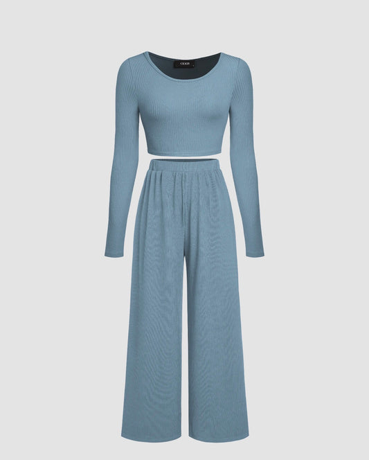 SOLID KNITTED CROP TOP &  WIDE LEG TROUSERS SET
