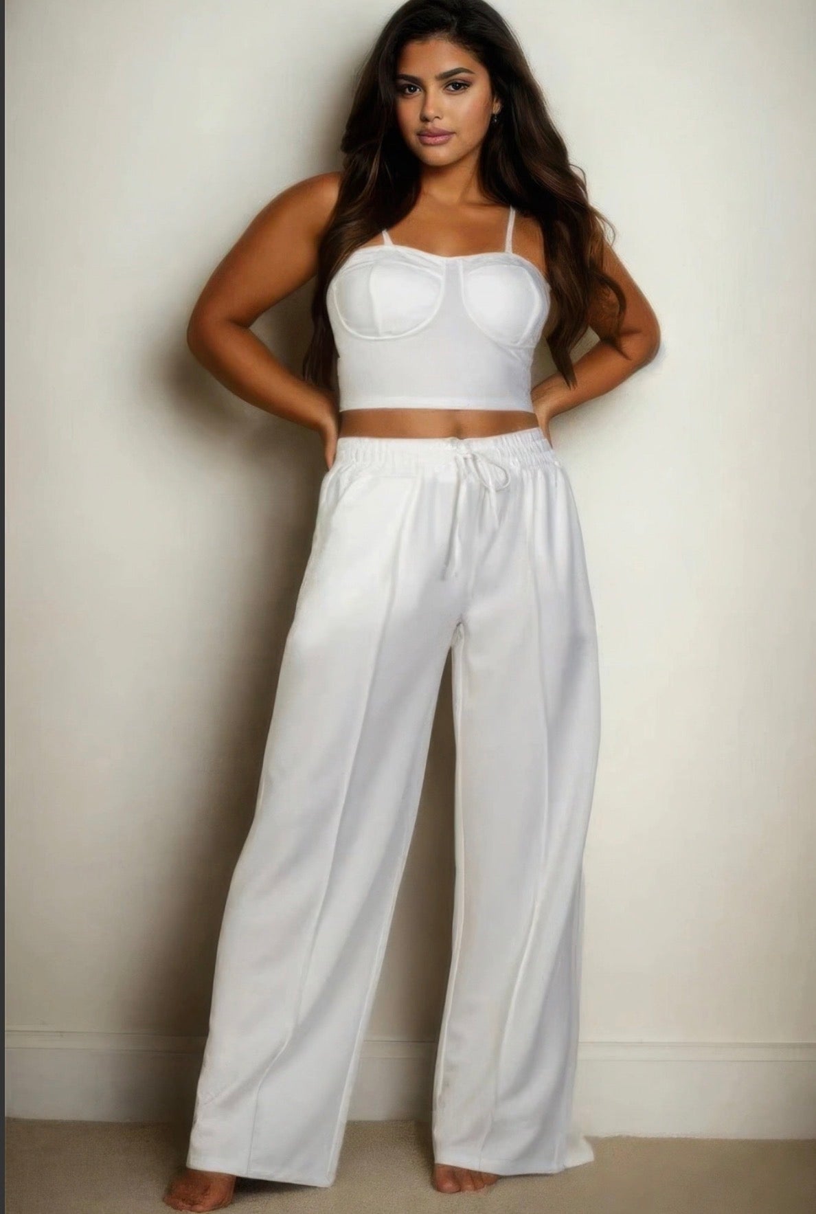 Plus Bustier Crop Cami Top & Slant Pocket Straight Pants