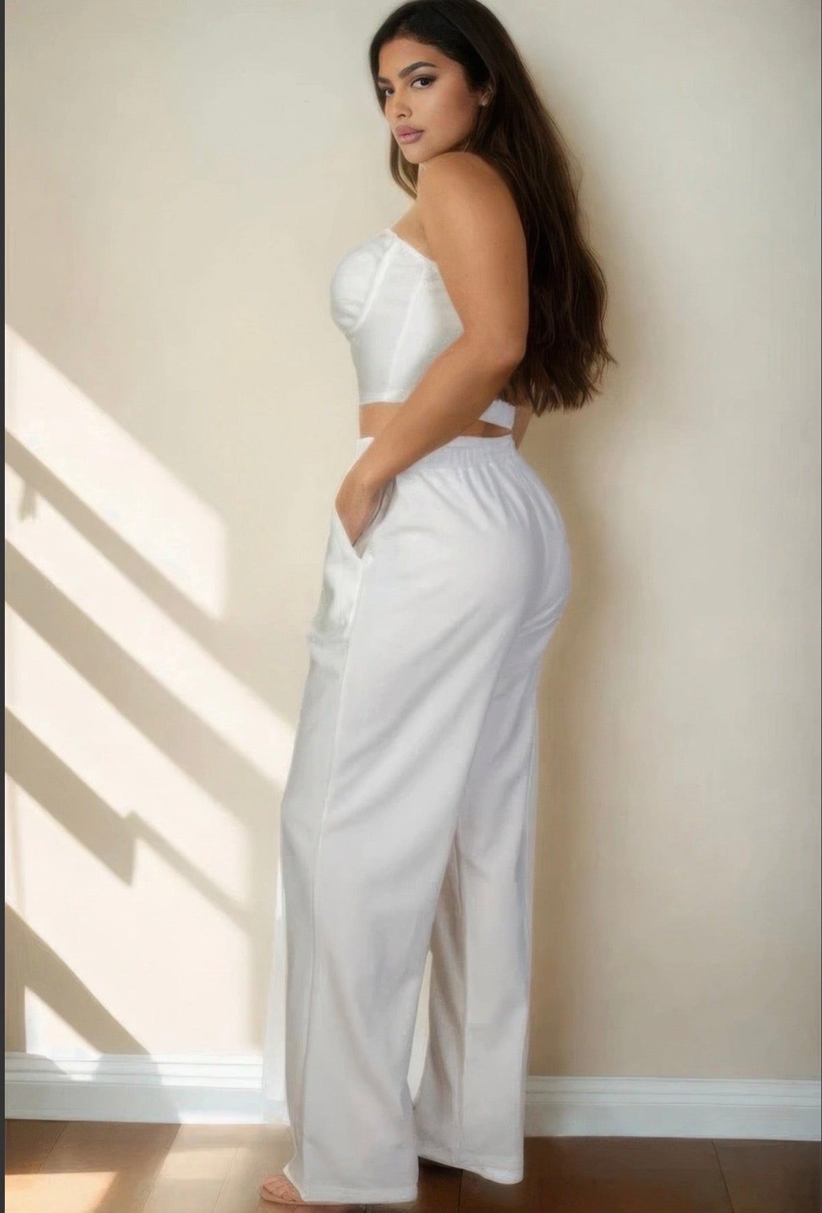 Plus Bustier Crop Cami Top & Slant Pocket Straight Pants